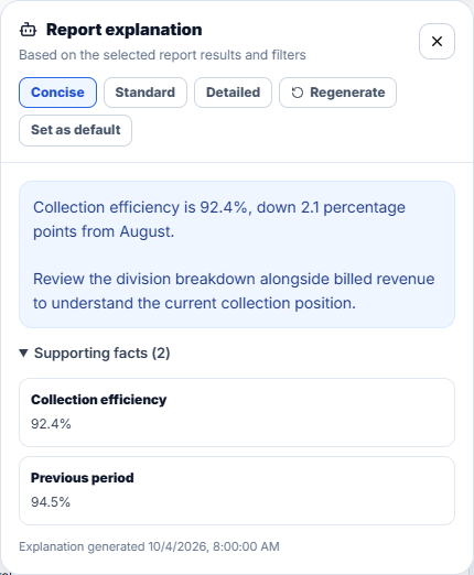 AXIVELA report explanation preview with expandable supporting facts